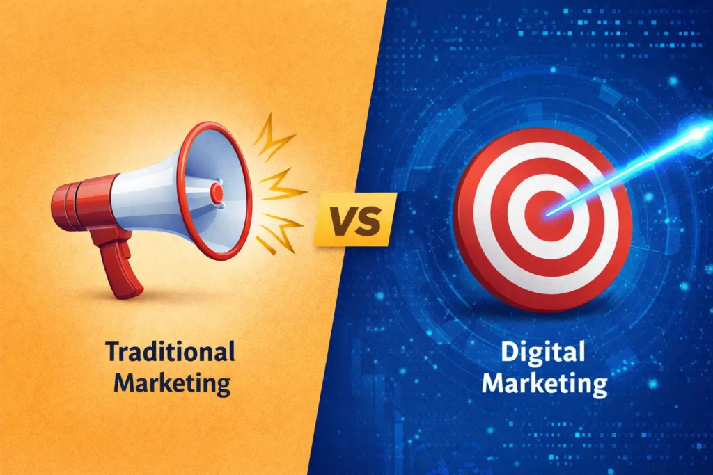 Comparison of traditional marketing versus digital marketing growth for small businesses.