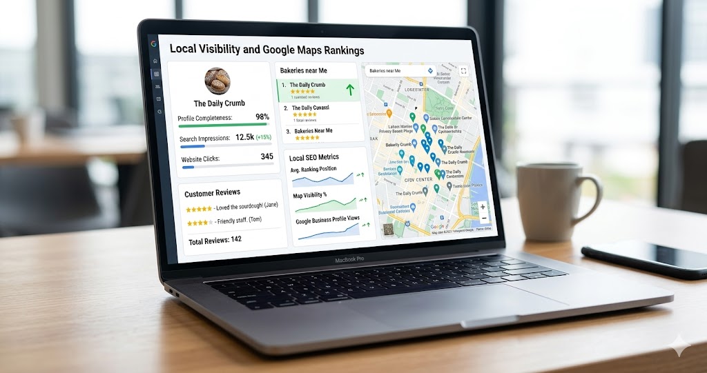 Google Business Profile Optimization 2026 showing Google Maps ranking improvements and local SEO growth